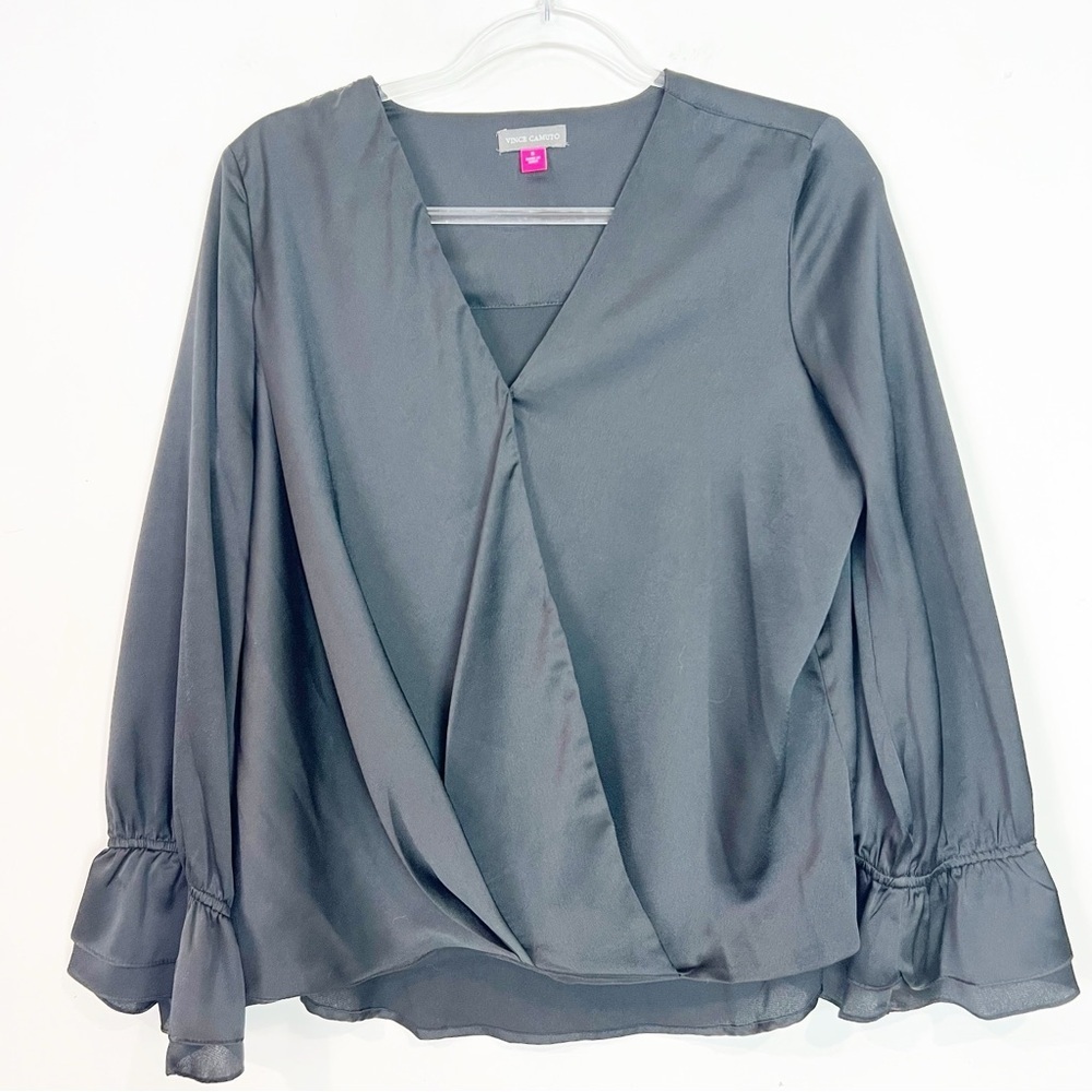 VINCE CAMUTO BLACK SILKY SURPLICE FRONT LONG SLEEVE BLOUSE SZ SMALL - Picture 5 of 5